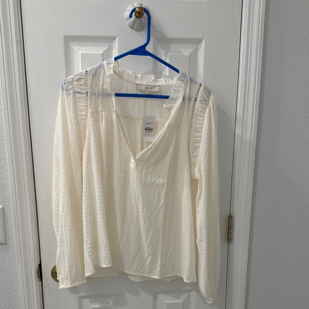 LOFT Cream Asymmetrical Long Sleeve Blouse